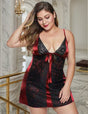 Women Plus Size Black Lace Panel Satin Babydoll - PRUSES