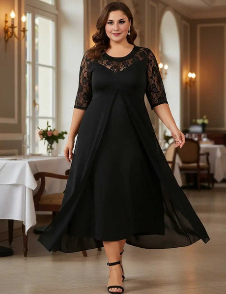 Plus Size Black Lace Patchwork Half Sleeve Dress