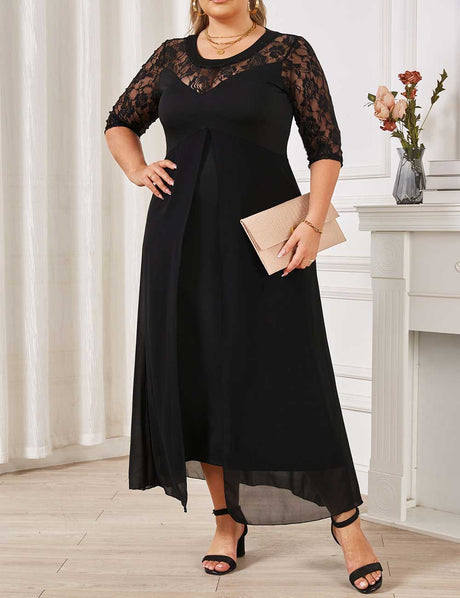 Black Plus Size Lace Patchwork Half Sleeve Dress