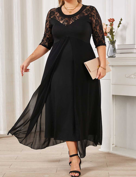 Black Plus Size Lace Patchwork Half Sleeve Midi Dress