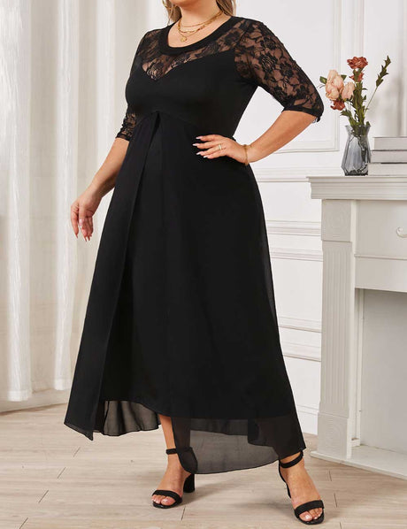 Black Plus Size Lace Patchwork Half Sleeve Party Dress