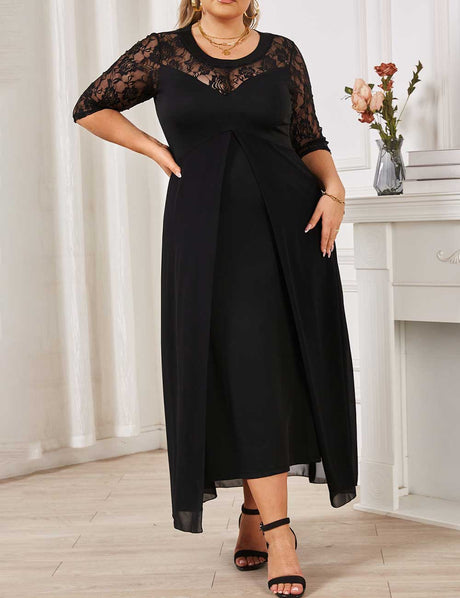 Plus Size Black Lace Patchwork Chiffon Half Sleeve Dress