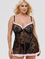 Women Plus Size Black Lace Ruffled Babydoll - PRUSES