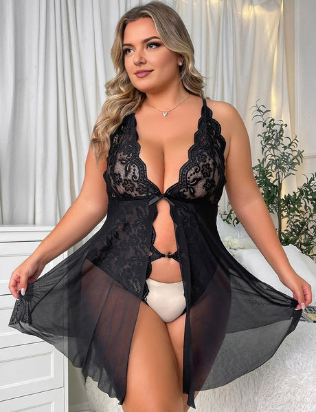 Women Plus Size Black Lace Split Front Babydoll - PRUSES
