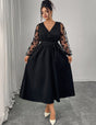 Women Plus Size Black Lace Stitching Long Sleeve A - Line Dress - PRUSES