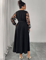 Women Plus Size Black Lace Stitching Long Sleeve A - Line Dress - PRUSES