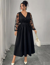 Women Plus Size Black Lace Stitching Long Sleeve A - Line Dress - PRUSES
