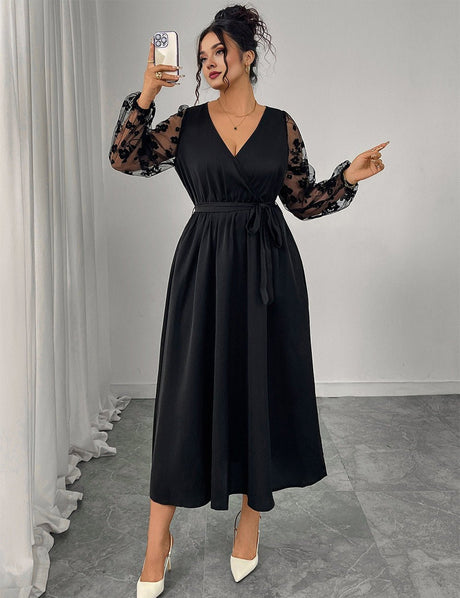 Women Plus Size Black Lace Stitching Long Sleeve A - Line Dress - PRUSES