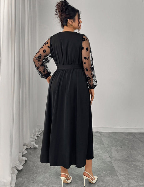 Women Plus Size Black Lace Stitching Long Sleeve A - Line Dress - PRUSES