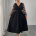 Women Plus Size Black Lace Stitching Long Sleeve A - Line Dress - PRUSES