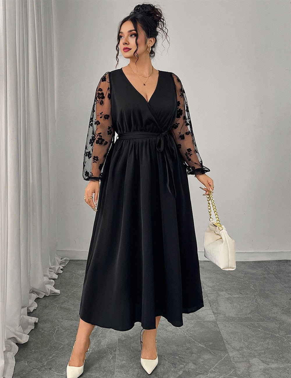Women Plus Size Black Lace Stitching Long Sleeve A - Line Dress - PRUSES