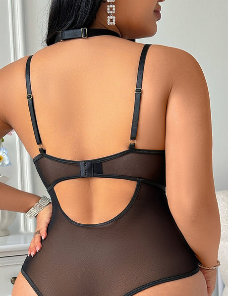 Women Plus Size Black Lace Teddy Set with Garter - PRUSES