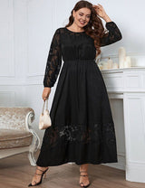 Women Plus Size Black Long Sleeves Round Neck Maxi Dress - PRUSES