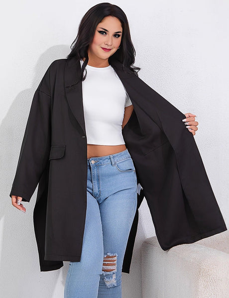 Women Plus Size Black Loose Blazer Split Long Sleeve Coat - PRUSES