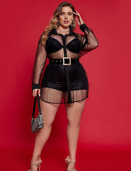 Women Plus Size Black Mesh Long Store Sleeve Top | PRUSES - PRUSES