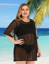 Women Plus Size Black Mesh Short Sleeve Cover Up - PRUSES