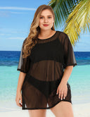 Women Plus Size Black Mesh Short Sleeve Cover Up - PRUSES