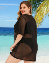 Women Plus Size Black Mesh Short Sleeve Cover Up - PRUSES