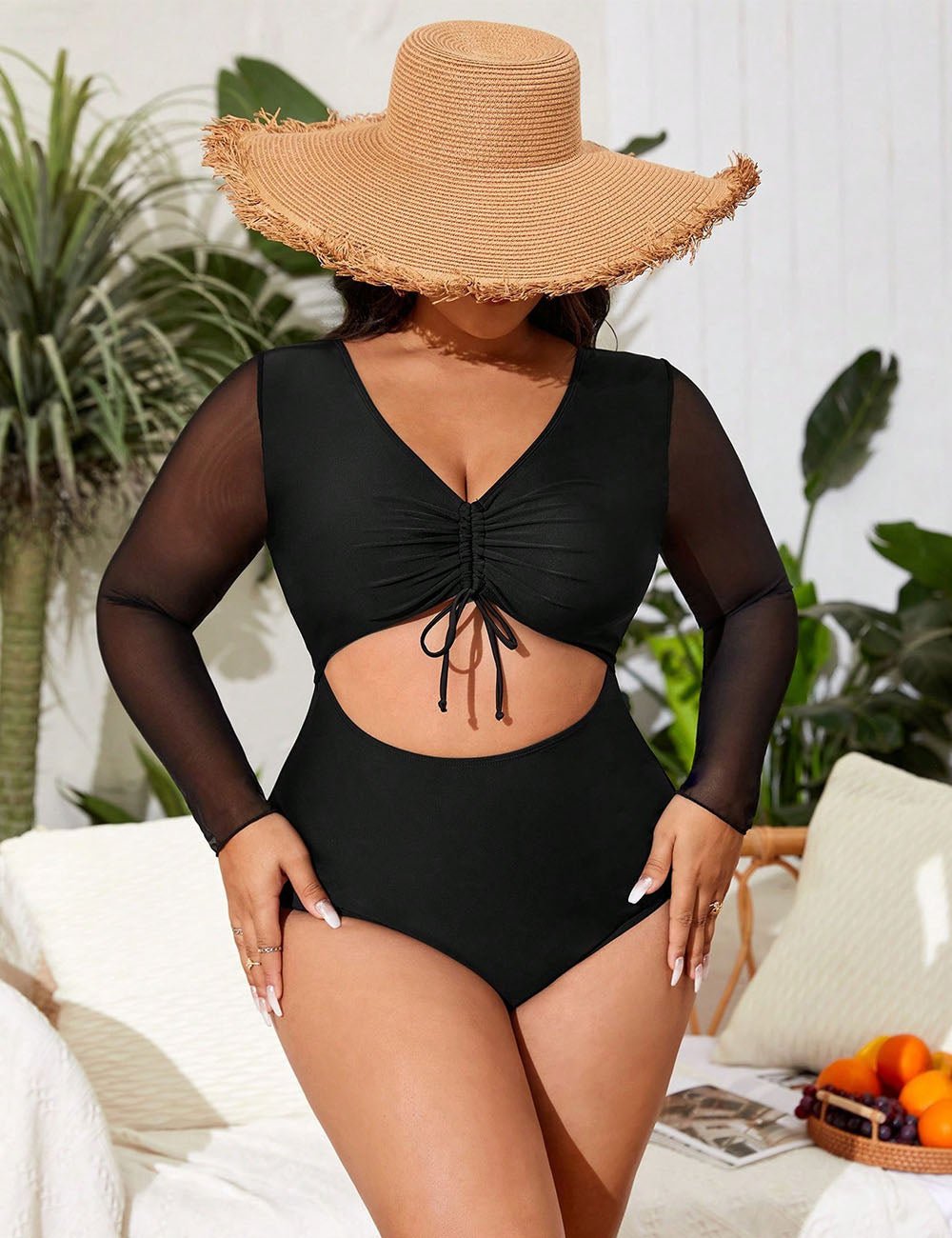 Women Plus Size Black Mesh Sleeve Cut Out One - Piece Swimsuit - PRUSES