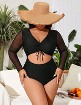 Women Plus Size Black Mesh Sleeve Cut Out One - Piece Swimsuit - PRUSES