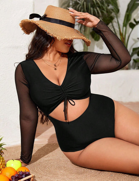 Women Plus Size Black Mesh Sleeve Cut Out One - Piece Swimsuit - PRUSES