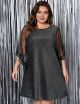 Women Plus Size Black Mesh Sleeve Glitter Dress - PRUSES