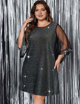Women Plus Size Black Mesh Sleeve Glitter Dress - PRUSES