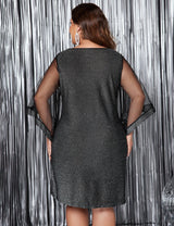 Women Plus Size Black Mesh Sleeve Glitter Dress - PRUSES