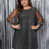 Women Plus Size Black Mesh Sleeve Glitter Dress - PRUSES