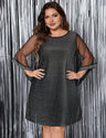 Women Plus Size Black Mesh Sleeve Glitter Dress - PRUSES