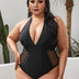 Women Plus Size Black Mesh V - neck One Piece Swimsuit - PRUSES