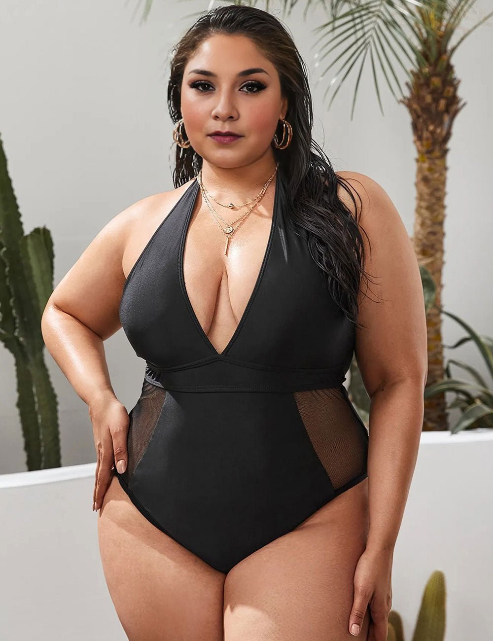 Women Plus Size Black Mesh V - neck One Piece Swimsuit - PRUSES