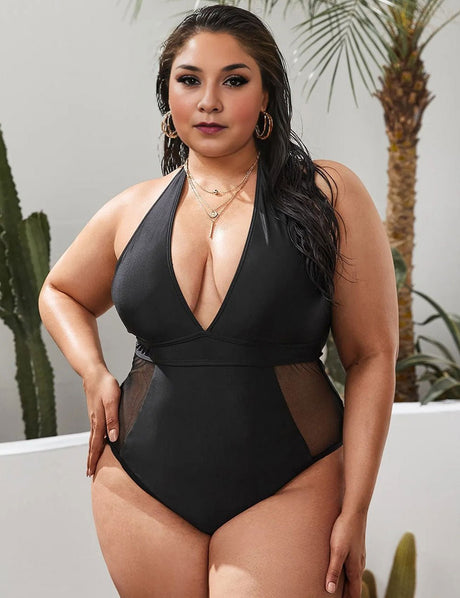 Women Plus Size Black Mesh V - neck One Piece Swimsuit - PRUSES