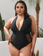 Women Plus Size Black Mesh V - neck One Piece Swimsuit - PRUSES
