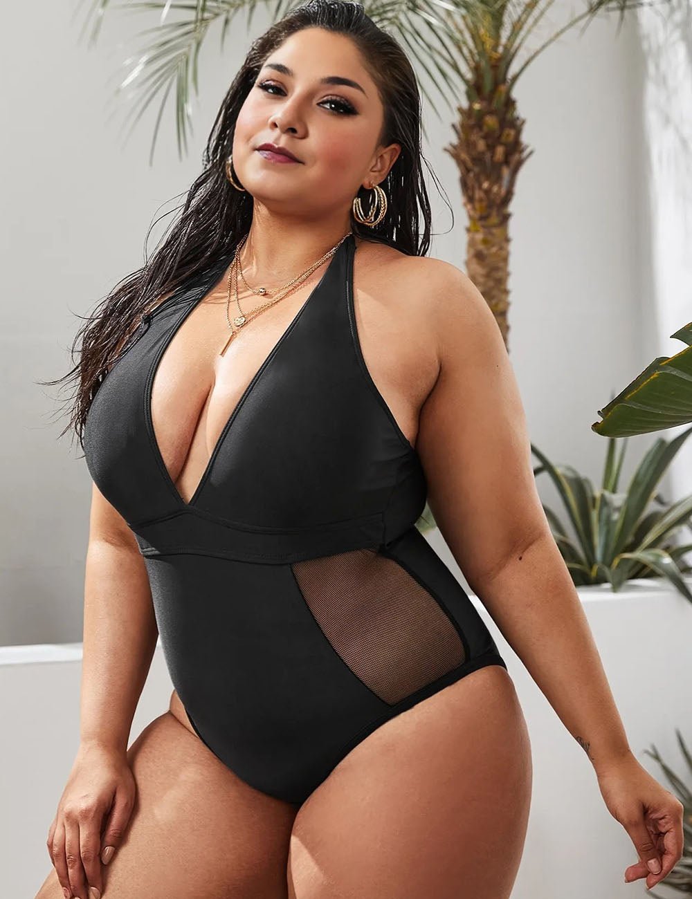 Women Plus Size Black Mesh V - neck One Piece Swimsuit - PRUSES