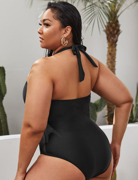 Women Plus Size Black Mesh V - neck One Piece Swimsuit - PRUSES