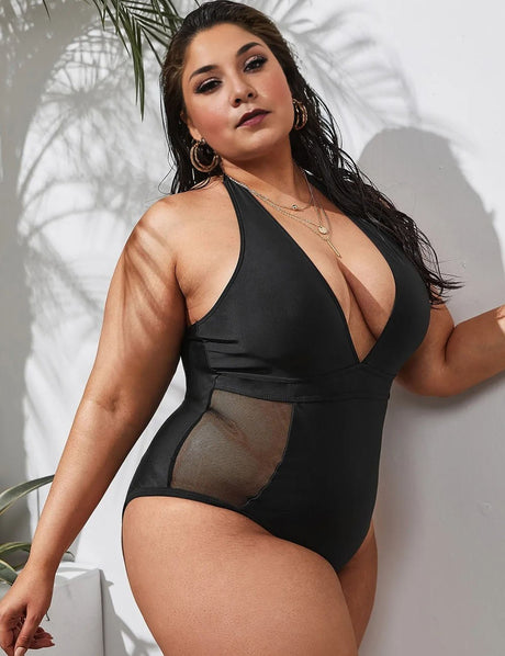 Women Plus Size Black Mesh V - neck One Piece Swimsuit - PRUSES