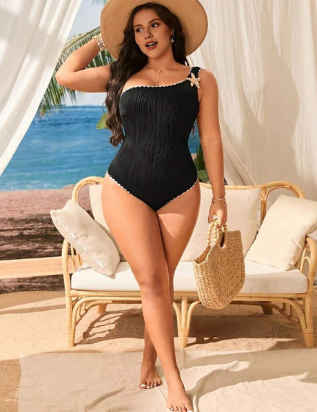 Women Plus Size Black One Shoulder One - Piece Swimsuit - PRUSES