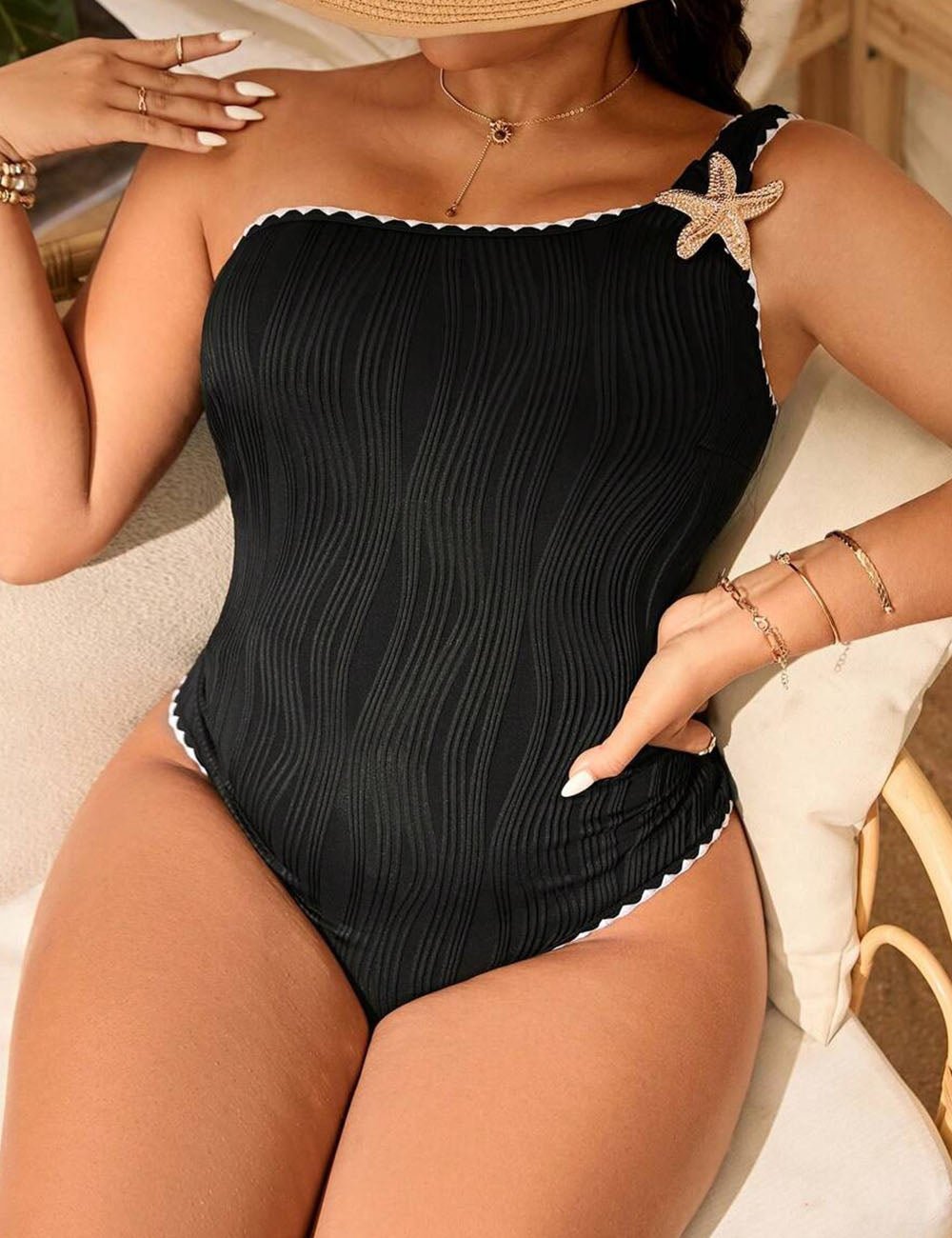 Women Plus Size Black One Shoulder One - Piece Swimsuit - PRUSES