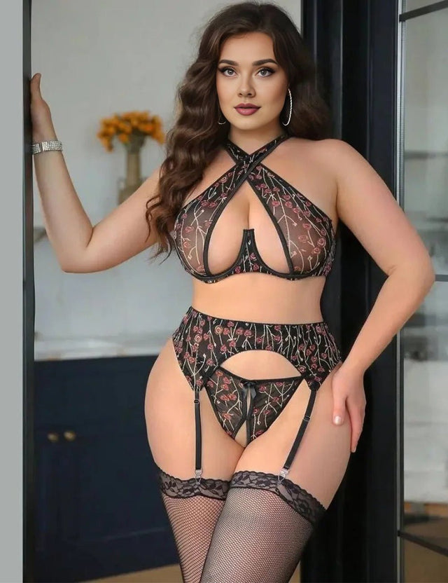 Women Plus Size Black Printed Bra and Panty Sets - PRUSES