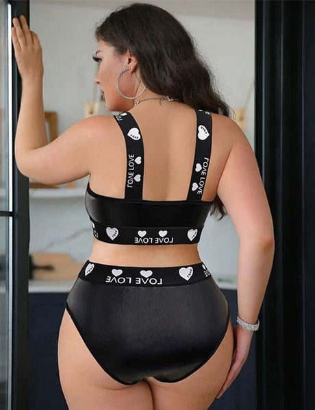 Women Plus Size Black PU Leather High Waist Bra Set - PRUSES