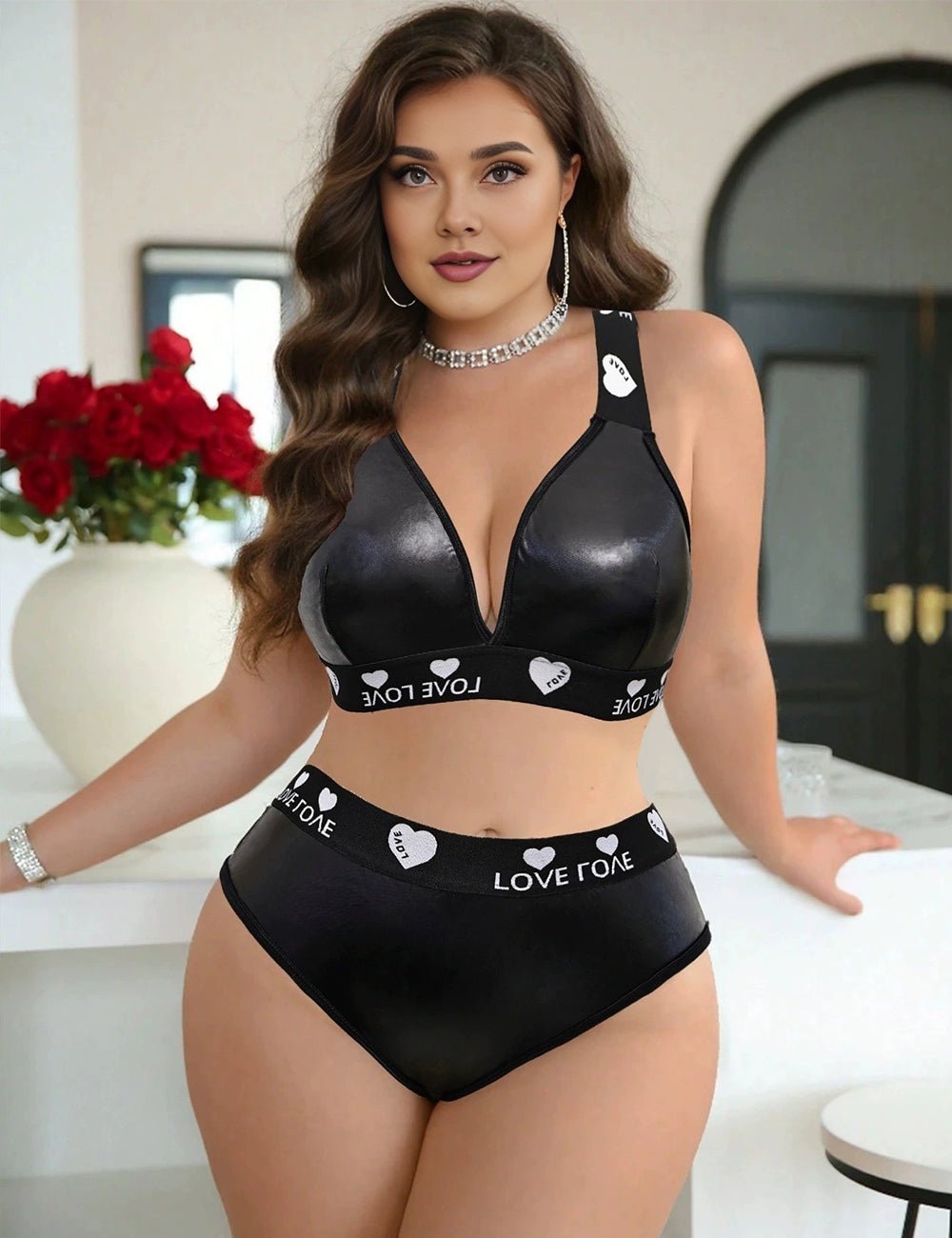 Women Plus Size Black PU Leather High Waist Bra Set - PRUSES