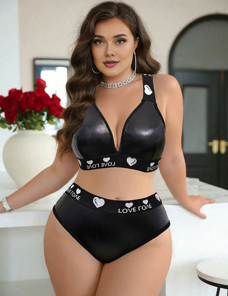Women Plus Size Black PU Leather High Waist Bra Set - PRUSES