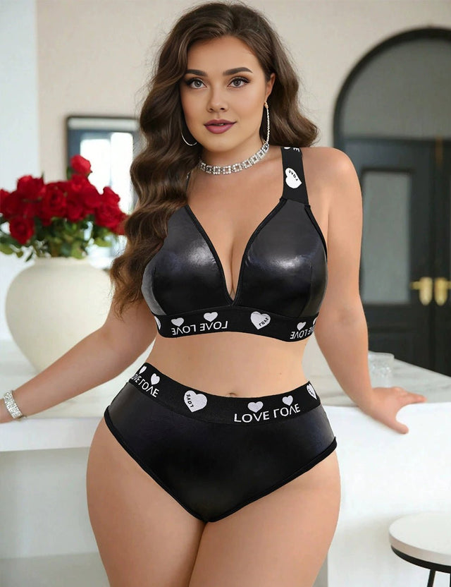 Women Plus Size Black PU Leather High Waist Bra Set - PRUSES