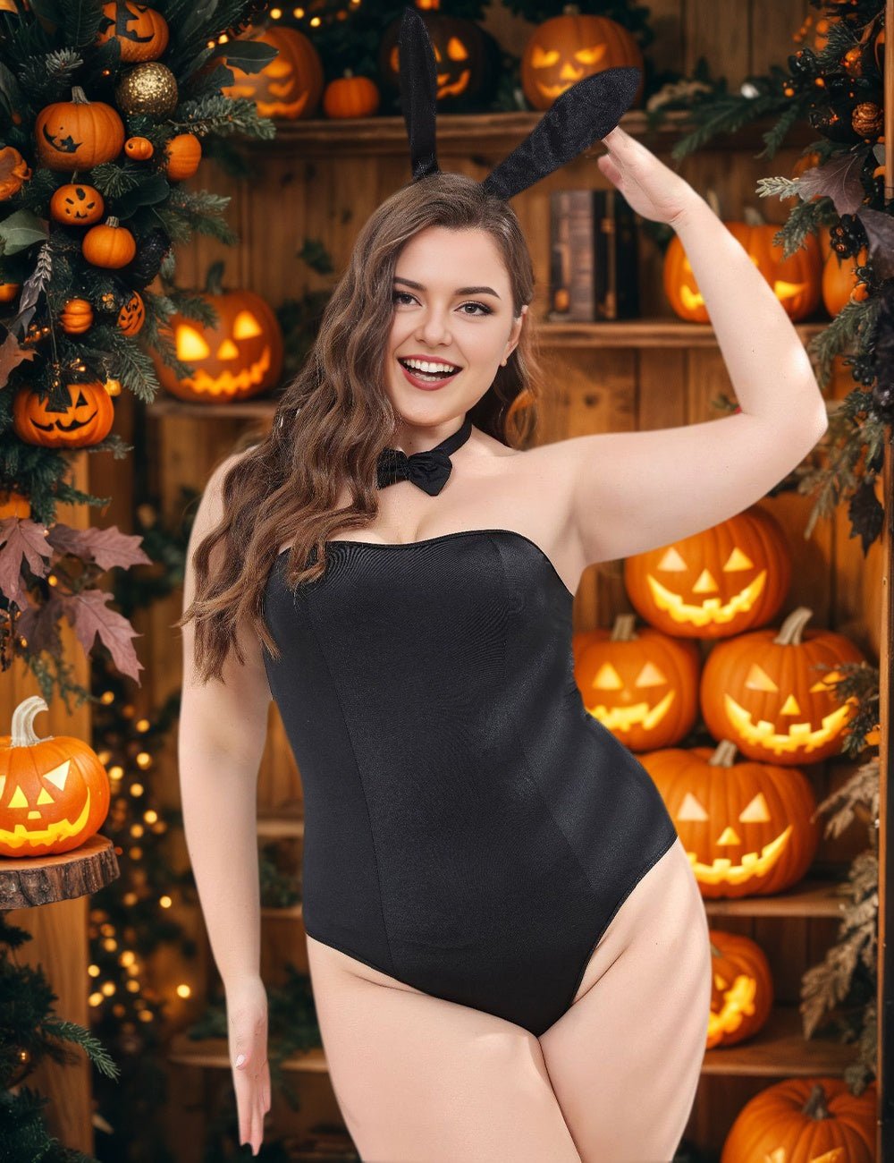 Women Plus Size Black Sexy Bunny Costume Bodysuit - PRUSES