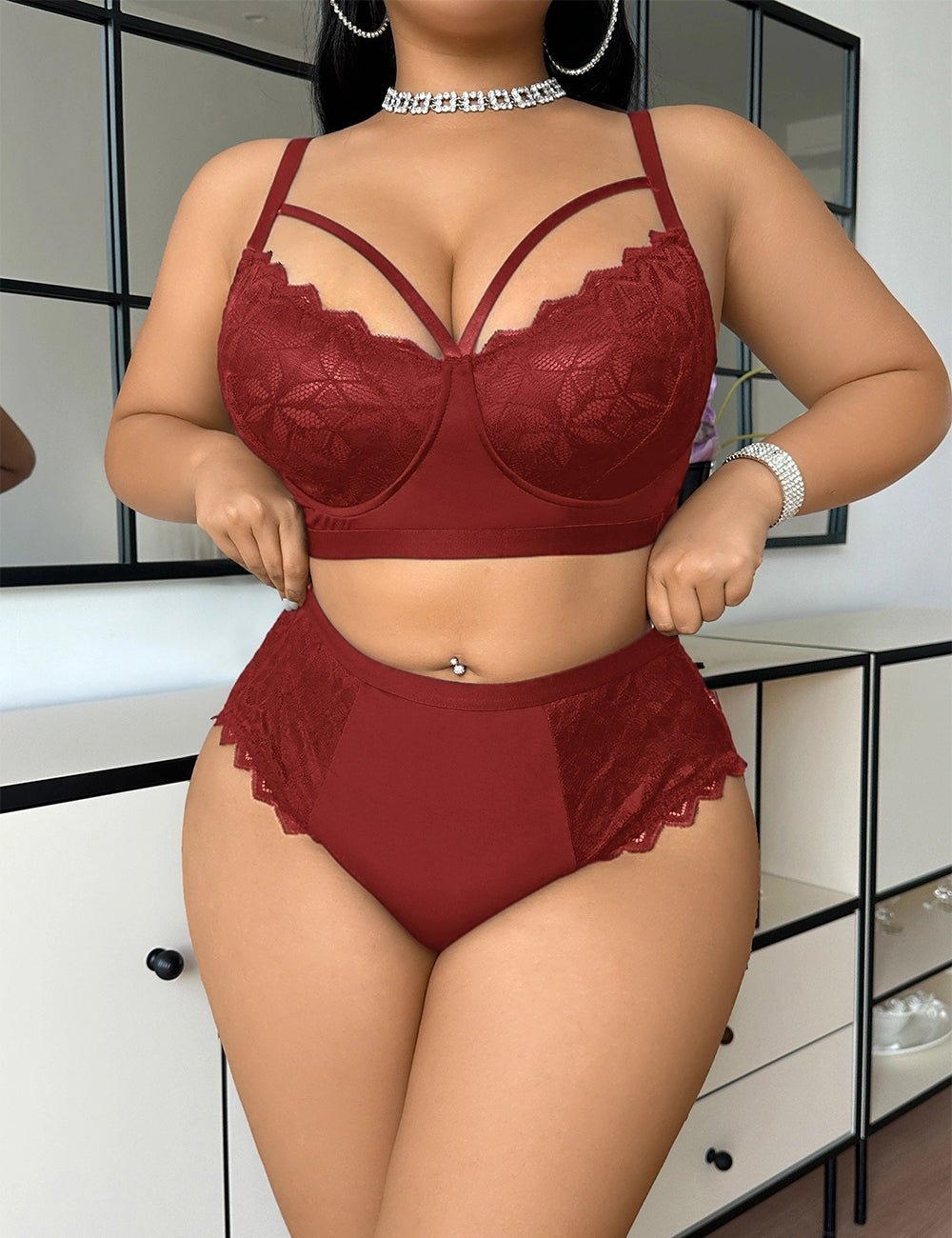 Women Plus Size Black Sheer Lace Splicing Bra and Panty Sets - PRUSES