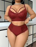 Women Plus Size Black Sheer Lace Splicing Bra and Panty Sets - PRUSES