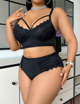 Women Plus Size Black Sheer Lace Splicing Bra and Panty Sets - PRUSES