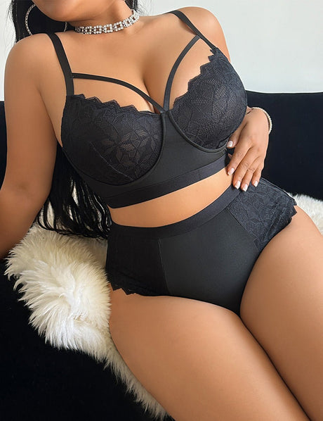 Women Plus Size Black Sheer Lace Splicing Bra and Panty Sets - PRUSES