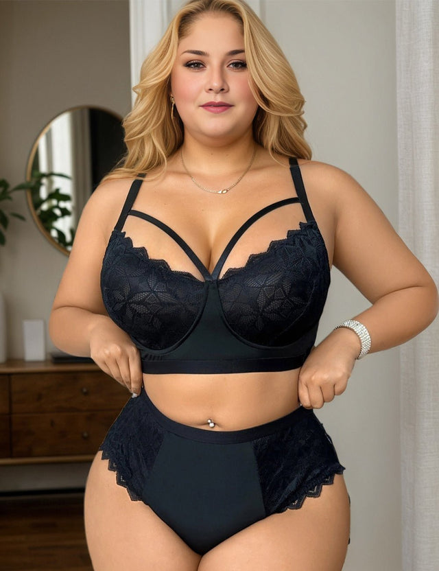 Women Plus Size Black Sheer Lace Splicing Bra and Panty Sets - PRUSES